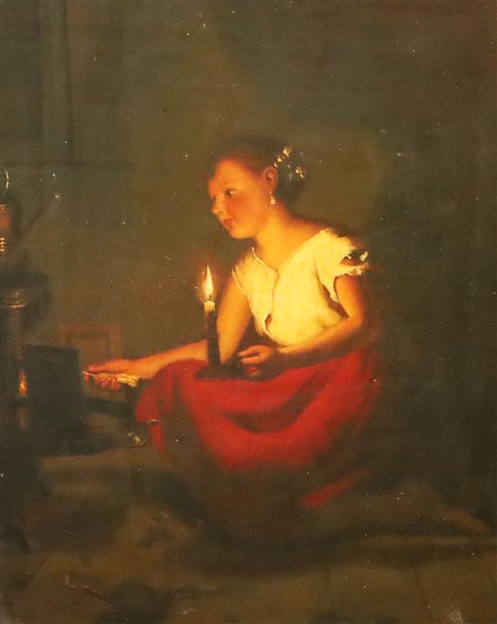 19th century Continental School Candle lit interior with a girl by a fire 9.5 x 7.5in.
